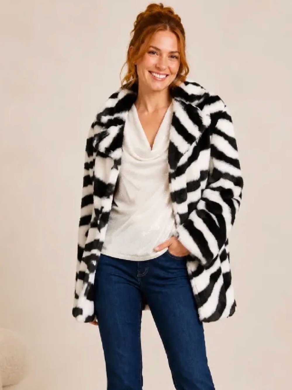 Zebra Print Faux Fur Coat Black & White Statement Jacket